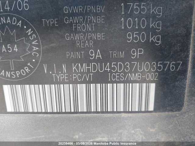 2007 Hyundai Elantra Gl მანქანა იყიდება აუქციონზე, vin: KMHDU45D37U035767, აუქციონის ნომერი: 20259466