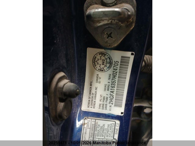 Продажа на аукционе авто 2007 Honda Civic Dx-g, vin: 2HGFA16357H024705, номер лота: 20259471