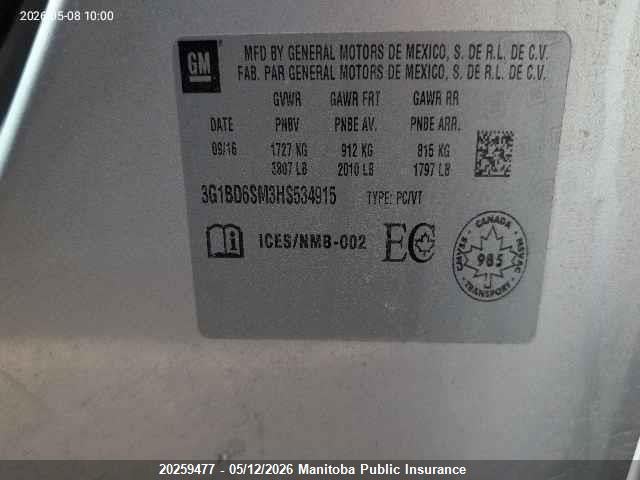 Aukcja sprzedaży 2017 Chevrolet Cruze Lt, vin: 3G1BD6SM3HS534915, numer aukcji: 20259477