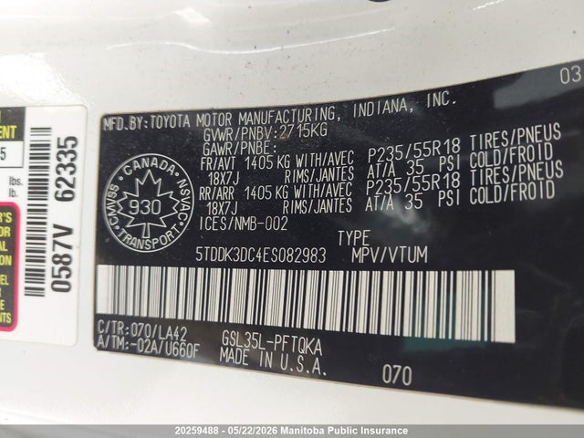 5TDDK3DC4ES082983 Toyota Sienna Xle V6