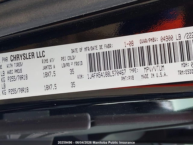 20259496 :رقم المزاد ، 1J4FA54188L570467 vin ، 2008 Jeep Wrangler Sahara مزاد بيع