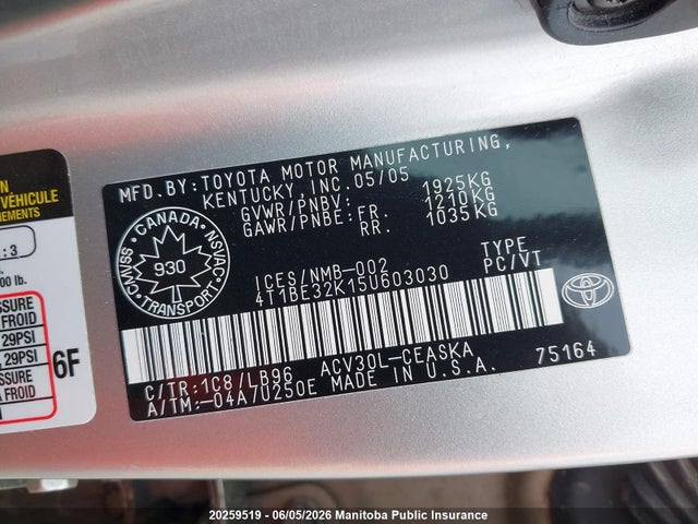 Продажа на аукционе авто 2005 Toyota Camry Ce, vin: 4T1BE32K15U603030, номер лота: 20259519