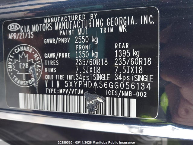 5XYPHDA56GG056134 KIA Sorento Ex V6