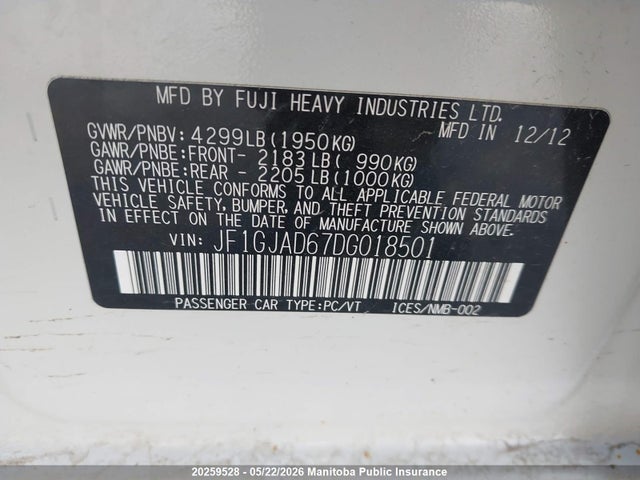 Продаж на аукціоні авто 2013 Subaru Impreza 2.0i, vin: JF1GJAD67DG018501, номер лоту: 20259528