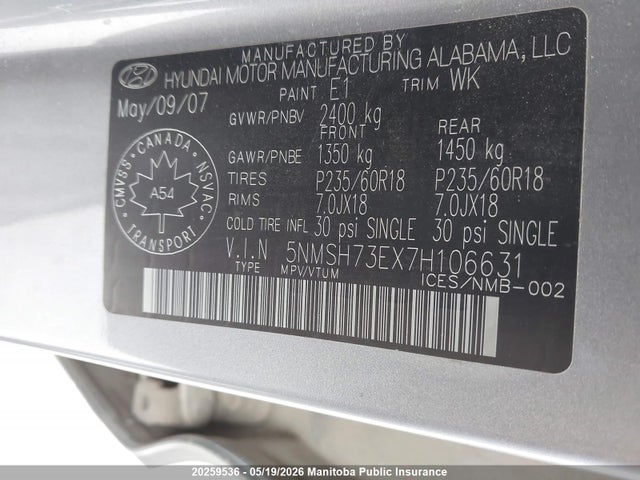Aukcja sprzedaży 2007 Hyundai Santa Fe Gls, vin: 5NMSH73EX7H106631, numer aukcji: 20259536