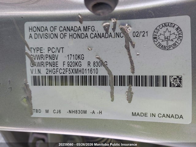 20259560 :رقم المزاد ، 2HGFC2F5XMH011610 vin ، 2021 Honda Civic Lx مزاد بيع