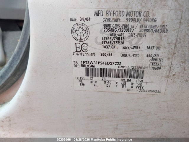 Aukcja sprzedaży 2004 Ford F350 Sd Lariat Crew Cab, vin: 1FTSW31P24ED27223, numer aukcji: 20259566