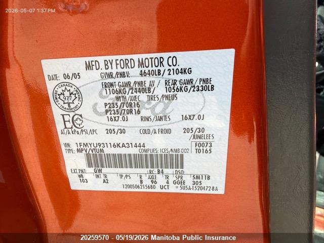 20259570 :رقم المزاد ، 1FMYU93116KA31444 vin ، 2006 Ford Escape Xlt V6 مزاد بيع
