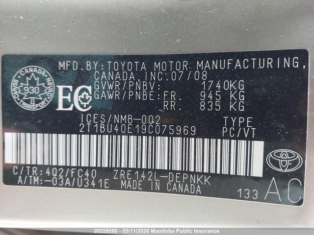20259590 :رقم المزاد ، 2T1BU40E19C075969 vin ، 2009 Toyota Corolla Le مزاد بيع