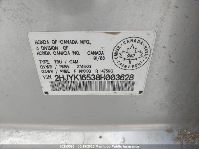 Aukcja sprzedaży 2008 Honda Ridgeline Ex-l, vin: 2HJYK16538H003628, numer aukcji: 20259596
