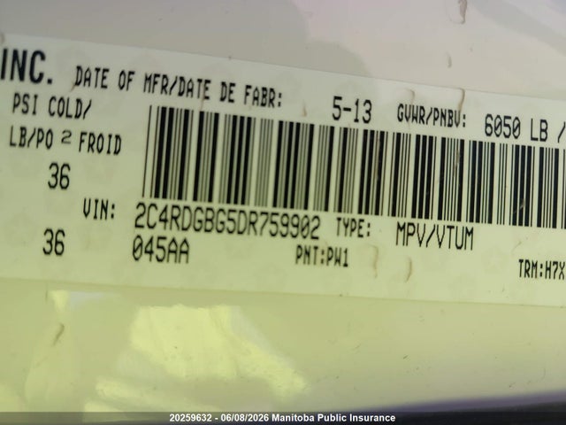 20259632 :رقم المزاد ، 2C4RDGBG5DR759902 vin ، 2013 Dodge Grand Caravan Se مزاد بيع