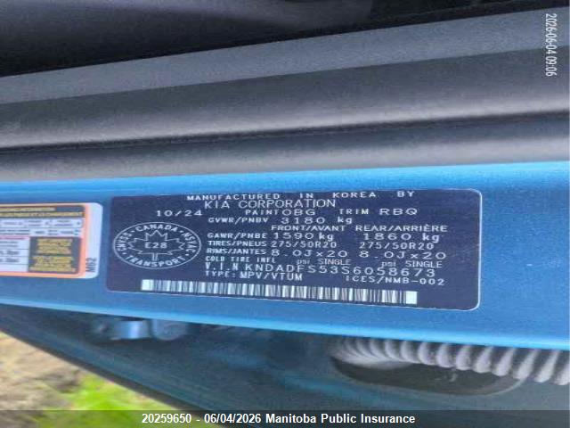 Aukcja sprzedaży 2025 Kia Ev9 Land, vin: KNDADFS53S6058673, numer aukcji: 20259650