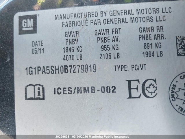 Aukcja sprzedaży 2011 Chevrolet Cruze Ls, vin: 1G1PA5SH0B7279819, numer aukcji: 20259658