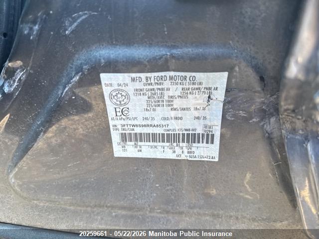 20259661 :رقم المزاد ، 3FTTW8S98RRA85317 vin ، 2024 Ford Maverick Lariat Supercrew مزاد بيع