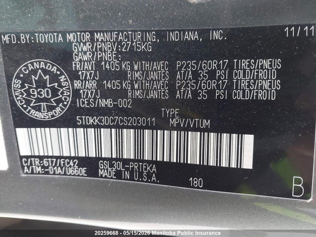 20259668 :رقم المزاد ، 5TDKK3DC7CS203011 vin ، 2012 Toyota Sienna Le V6 مزاد بيع