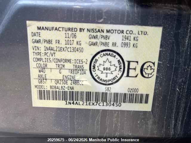 Продаж на аукціоні авто 2007 Nissan Altima 2.5 Sl, vin: 1N4AL21EX7C130450, номер лоту: 20259675