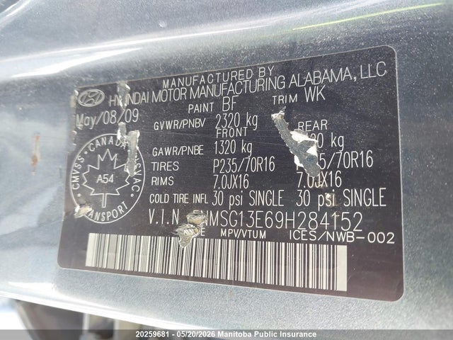 Aukcja sprzedaży 2009 Hyundai Santa Fe Gls, vin: 5NMSG13E69H284152, numer aukcji: 20259681