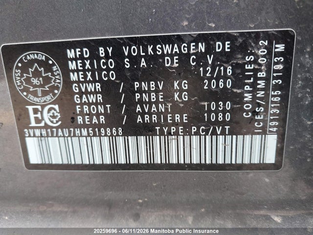 Aukcja sprzedaży 2017 Volkswagen Golf Alltrack 1.8 Tsi 4motion, vin: 3VWH17AU7HM519868, numer aukcji: 20259696