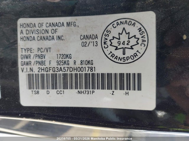 Продаж на аукціоні авто 2013 Honda Civic Ex, vin: 2HGFG3A57DH001781, номер лоту: 20259705
