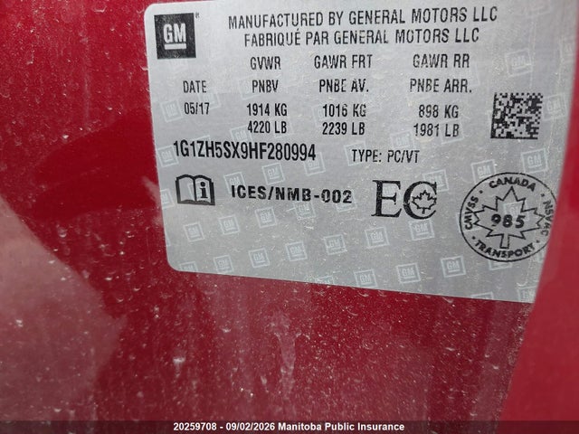 1G1ZH5SX9HF280994 Chevrolet Malibu Premier