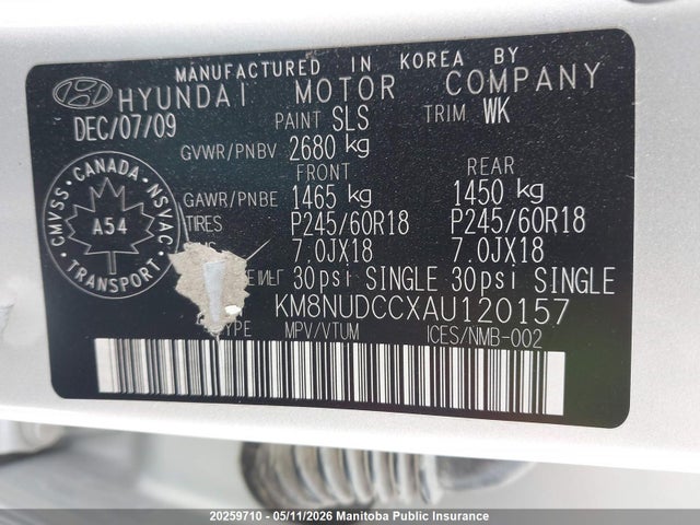 2010 Hyundai Veracruz Gls V6 მანქანა იყიდება აუქციონზე, vin: KM8NUDCCXAU120157, აუქციონის ნომერი: 20259710