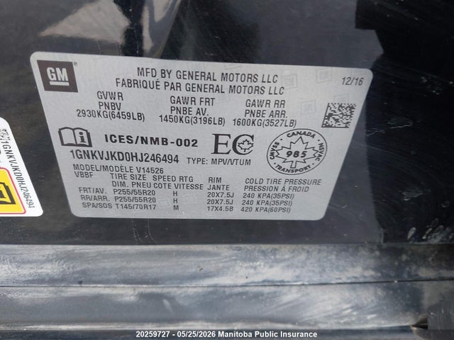 2017 Chevrolet Traverse Ltz მანქანა იყიდება აუქციონზე, vin: 1GNKVJKD0HJ246494, აუქციონის ნომერი: 20259727