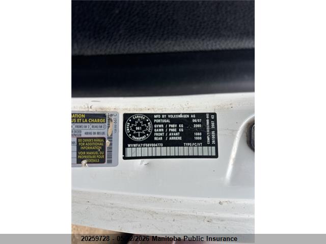 Auction sale of the 2008 Volkswagen Eos 2.0t, vin: WVWFA71F58V004773, lot number: 20259728