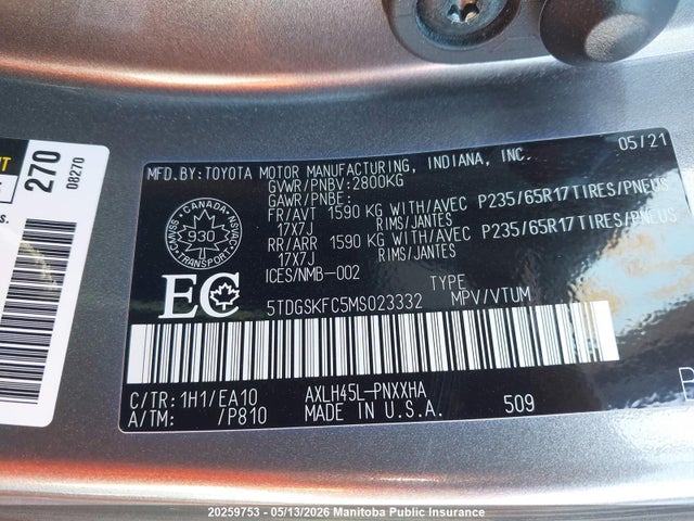 5TDGSKFC5MS023332 Toyota Sienna Xle Hybrid