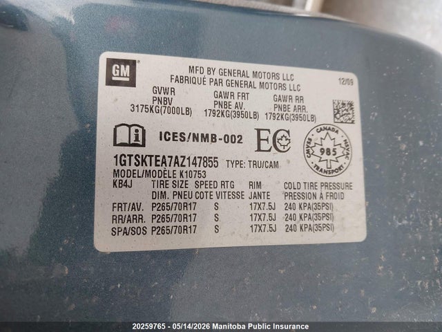 Продаж на аукціоні авто 2010 Gmc Sierra 1500 Wt Ext Cab, vin: 1GTSKTEA7AZ147855, номер лоту: 20259765