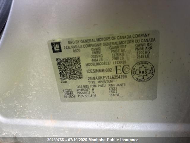 2GNAXKEV1L6254299 Chevrolet EQUINOX LT