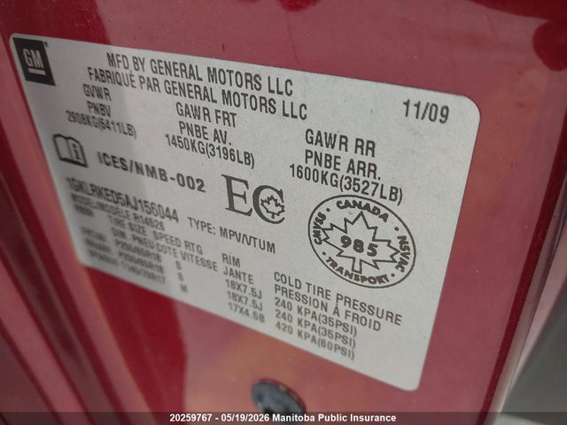 20259767 :رقم المزاد ، 1GKLRKED5AJ156044 vin ، 2010 Gmc Acadia Sle مزاد بيع