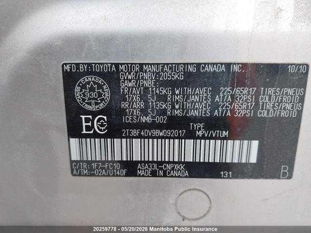 Aukcja sprzedaży 2011 Toyota Rav4, vin: 2T3BF4DV9BW092017, numer aukcji: 20259778