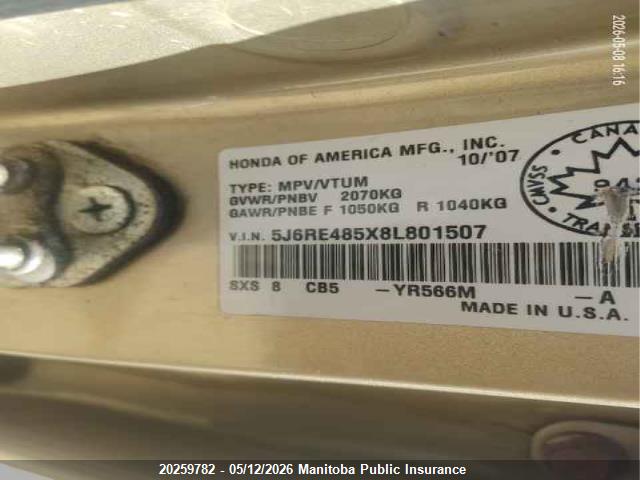Aukcja sprzedaży 2008 Honda Cr-v Lx, vin: 5J6RE485X8L801507, numer aukcji: 20259782