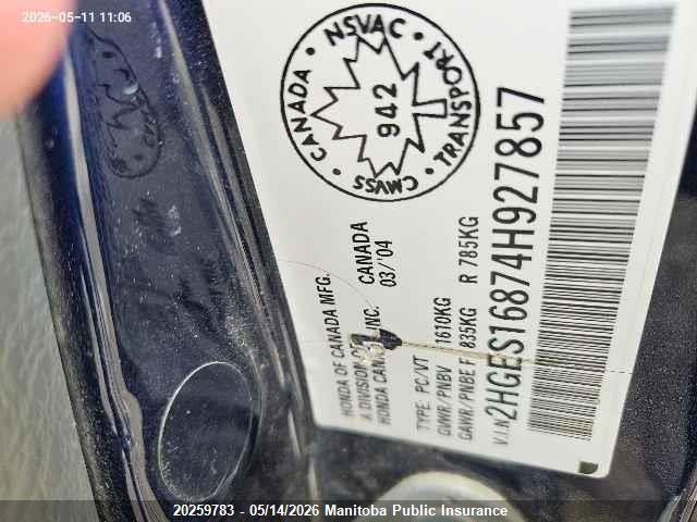 20259783 :رقم المزاد ، 2HGES16874H927857 vin ، 2004 Honda Civic Si مزاد بيع
