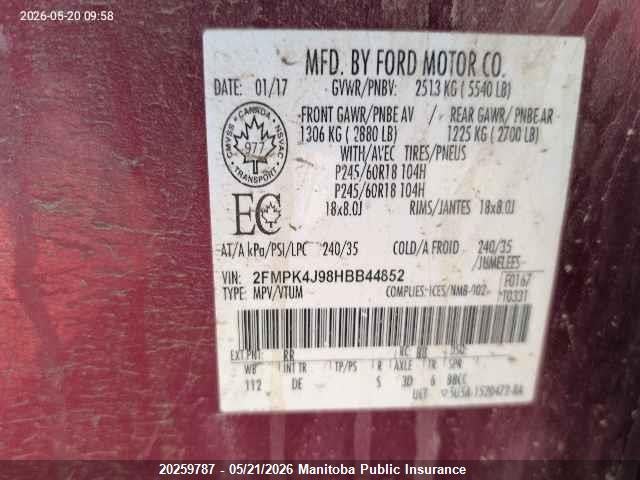 Aukcja sprzedaży 2017 Ford Edge Sel, vin: 2FMPK4J98HBB44852, numer aukcji: 20259787