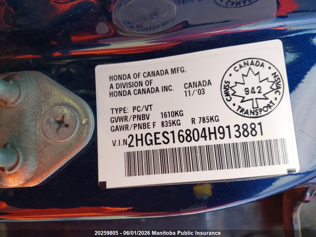 20259805 :رقم المزاد ، 2HGES16804H913881 vin ، 2004 Honda Civic Si Si مزاد بيع