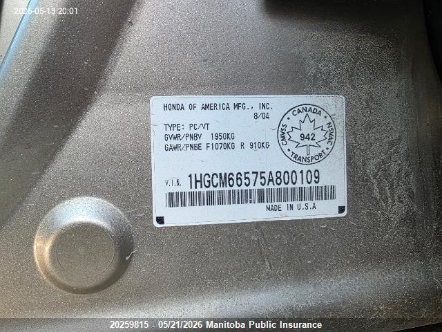 Aukcja sprzedaży 2005 Honda Accord Ex-v6, vin: 1HGCM66575A800109, numer aukcji: 20259815