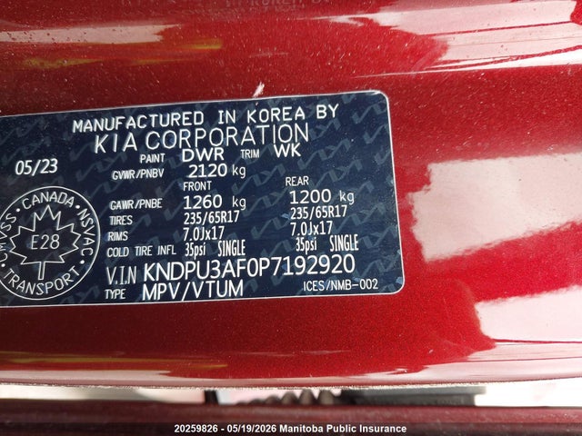 20259826 :رقم المزاد ، KNDPU3AF0P7192920 vin ، 2023 Kia Sportage Lx مزاد بيع