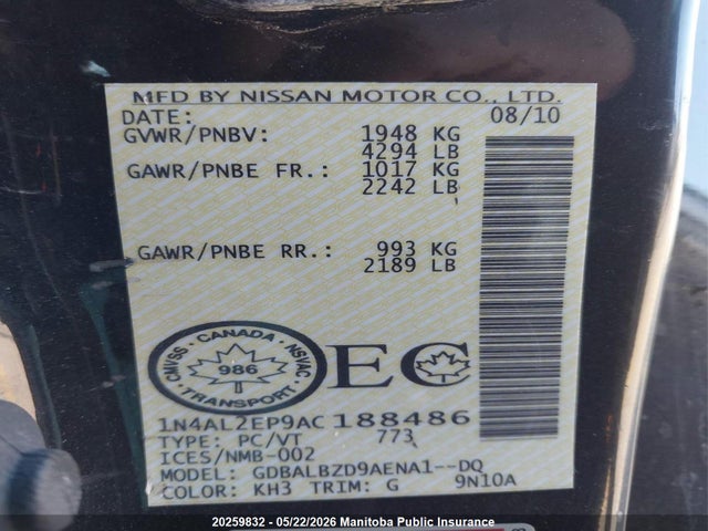 Aukcja sprzedaży 2010 Nissan Altima 2.5 S, vin: 1N4AL2EP9AC188486, numer aukcji: 20259832