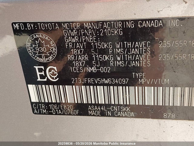 2T3JFREV5HW634097 Toyota RAV4 SE