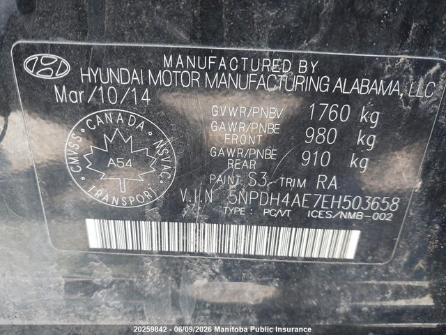 5NPDH4AE7EH503658 Hyundai ELANTRA GL