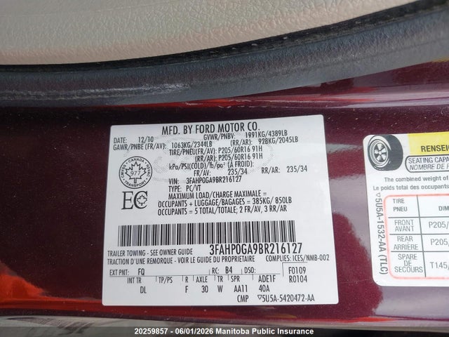 Aukcja sprzedaży 2011 Ford Fusion S, vin: 3FAHP0GA9BR216127, numer aukcji: 20259857