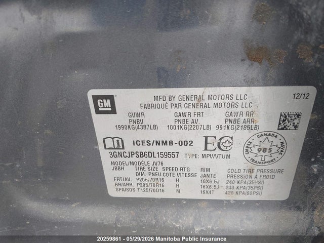 Aukcja sprzedaży 2013 Chevrolet Trax Lt, vin: 3GNCJPSB6DL159557, numer aukcji: 20259861