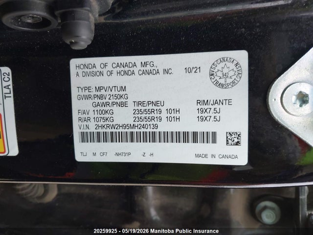 2HKRW2H95MH240139 Honda Cr-v Black Edition/touring