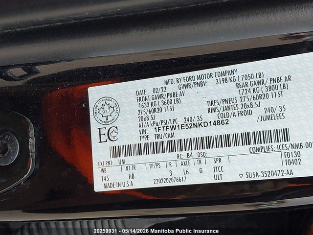 Продажа на аукционе авто 2022 Ford F-series, vin: 1FTFW1E52NKD14862, номер лота: 20259931