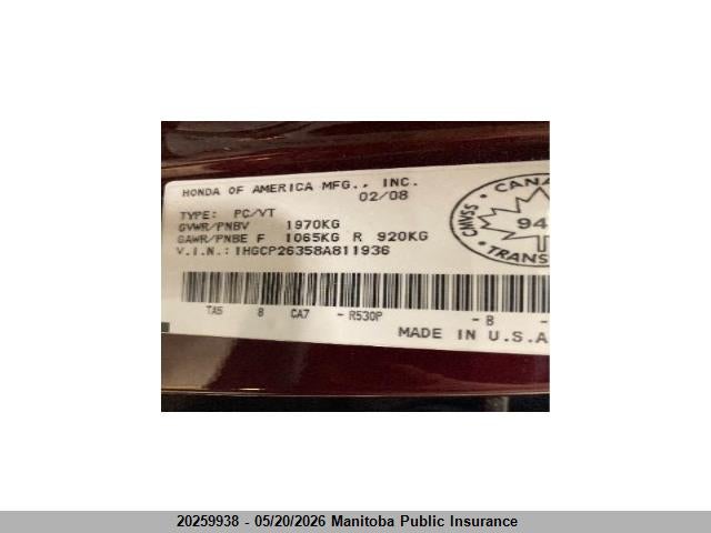 Aukcja sprzedaży 2008 Honda Accord Lx, vin: 1HGCP26358A811936, numer aukcji: 20259938