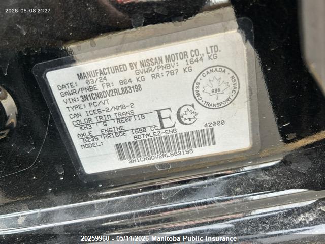 Auction sale of the 2024 Nissan Versa 1.6 S, vin: 3N1CN8DV2RL883198, lot number: 20259960
