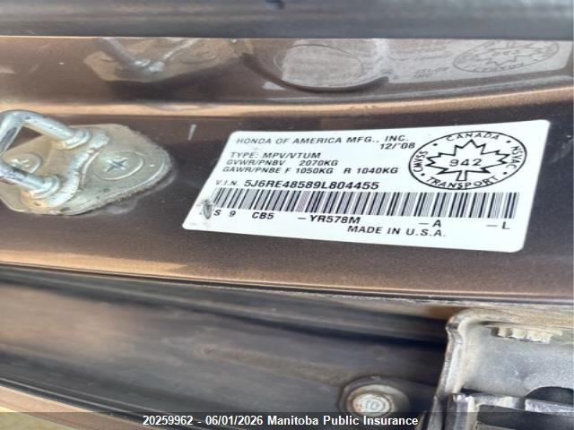 20259962 :رقم المزاد ، 5J6RE48589L804455 vin ، 2009 Honda Cr-v Ex مزاد بيع