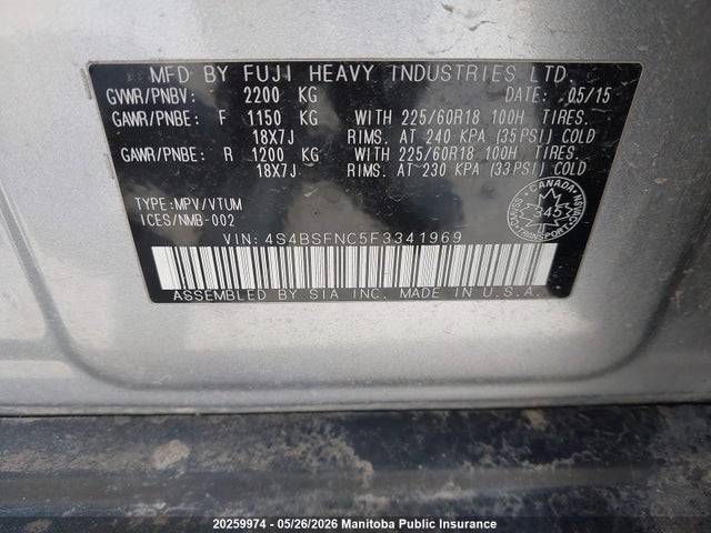 2015 Subaru Outback 3.6r Limited მანქანა იყიდება აუქციონზე, vin: 4S4BSFNC5F3341969, აუქციონის ნომერი: 20259974