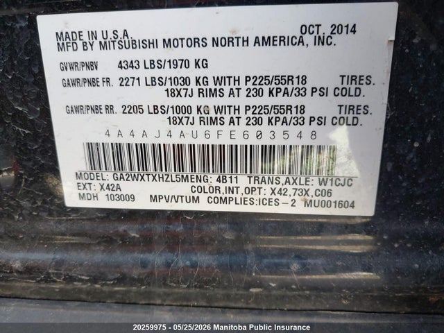 20259975 :رقم المزاد ، 4A4AJ4AU6FE603548 vin ، 2015 Mitsubishi Rvr Gt مزاد بيع